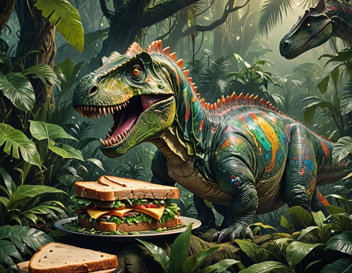 Dinosaur Eats Sandwich in Jungle: Digital Art
