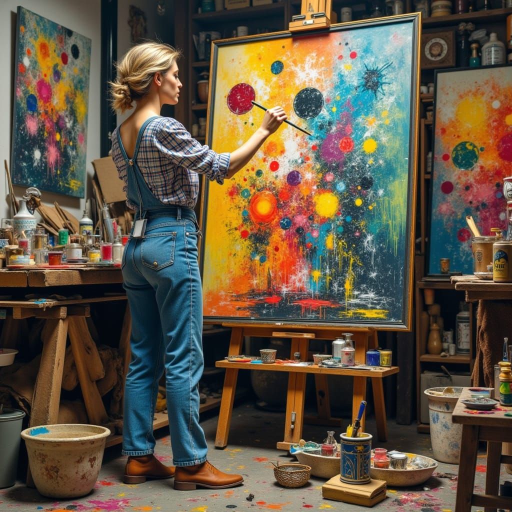 Cubist Painter in Colorful Studio with Splash Painting