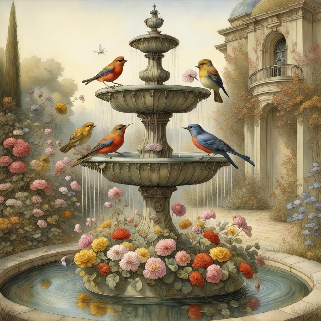 Colorful Birds Bathing in Ornate Garden Fountain