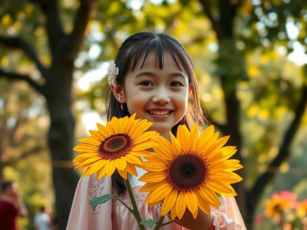 Smiling Girl with Sunflower in Warm Sunlight