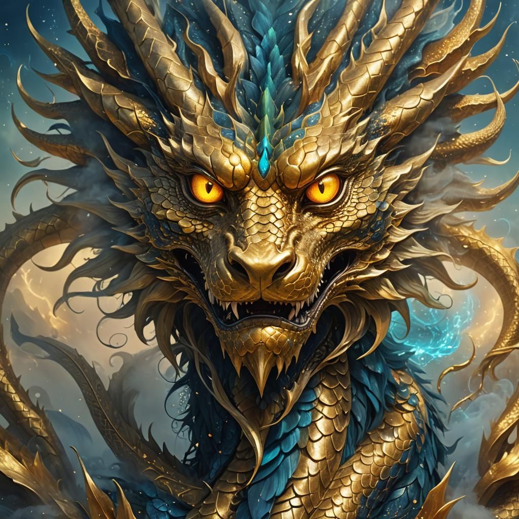 Golden Dragon Face in Surrealist Style