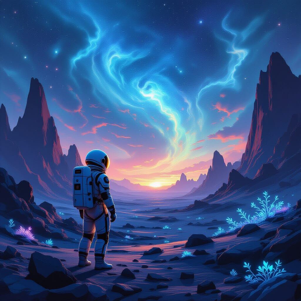 Astronaut on Alien Planet with Nebula Sky