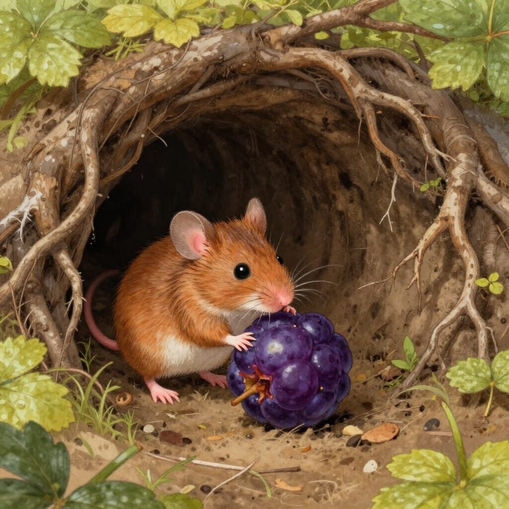 Field Mouse Nudges Giant Berry Towards Burrow in Gentle Illu...