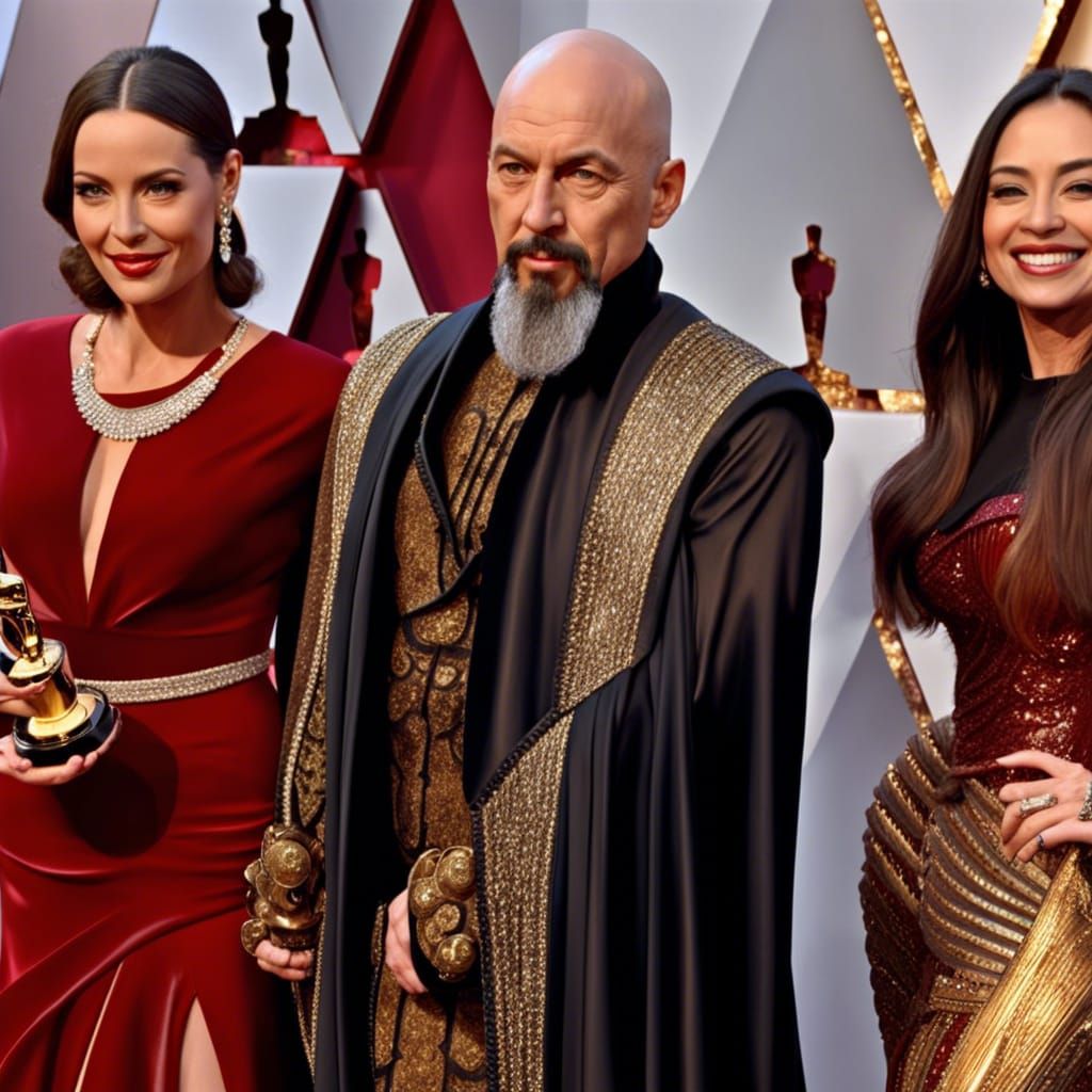 Thin bald wizard with short brown goatee wins the Oscar for Best Original Screenplay
