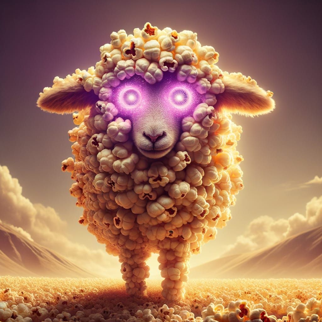 Popcorn Sheep in Fantasy Landscape with Glowing Eyes