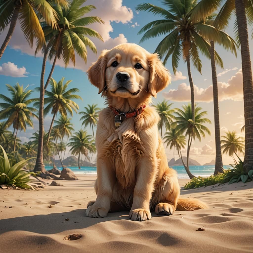 Golden Retriever Puppy on a Tropical Beach