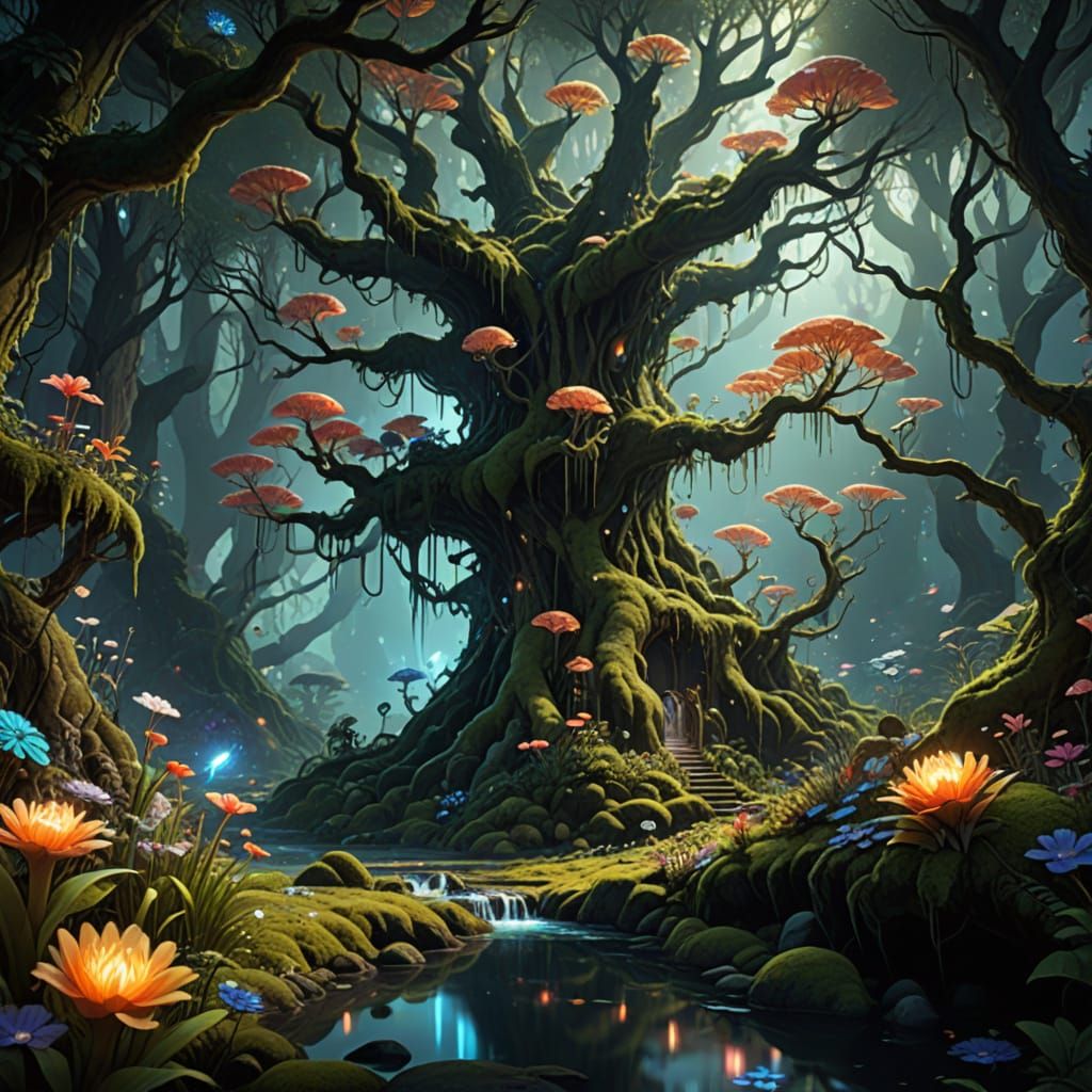 Ethereal Forest with Fantastical Beasts and Luminescent Flor...