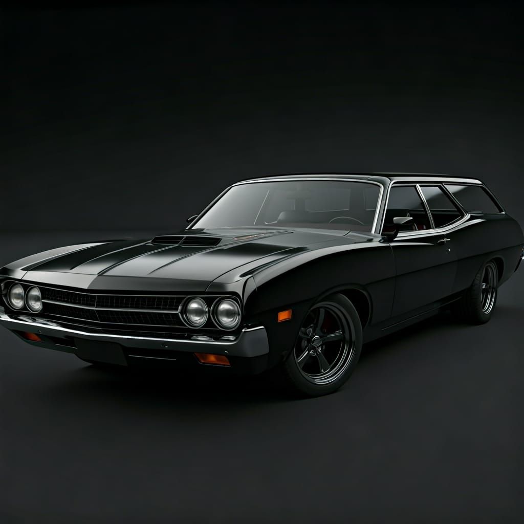1972 Gran Torino station wagon 
All black
Resto mod rod 
Lowered bagged chopped sleek
Black on black on black 
with red ...