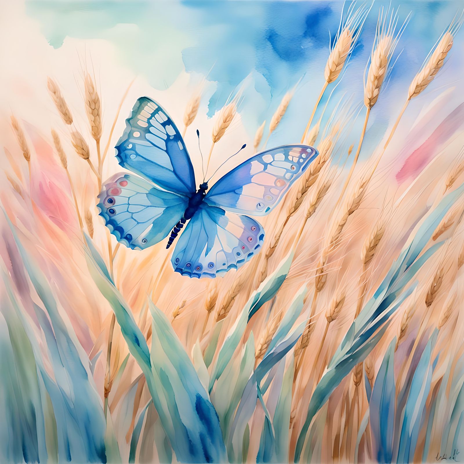 Water Butterfly Flight Over Wheat Field