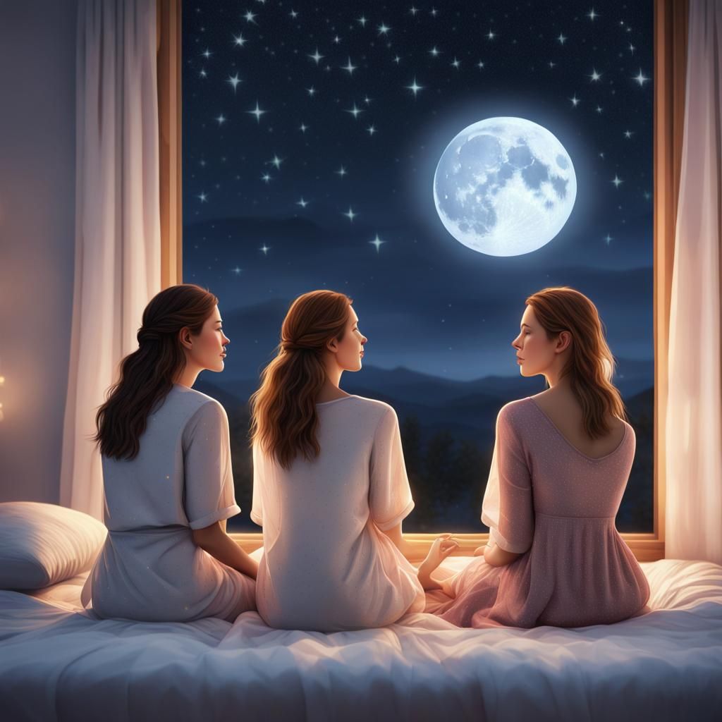 Three women are sitting on a bed, gazing out of a window at the moon and stars. The sky is clear and the stars are twink...