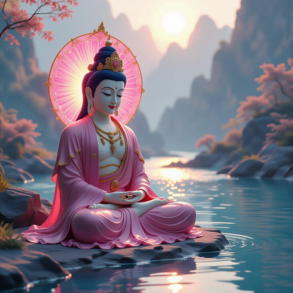 Serene Bodhisattva Statue by Flowing River in Dreamy Light