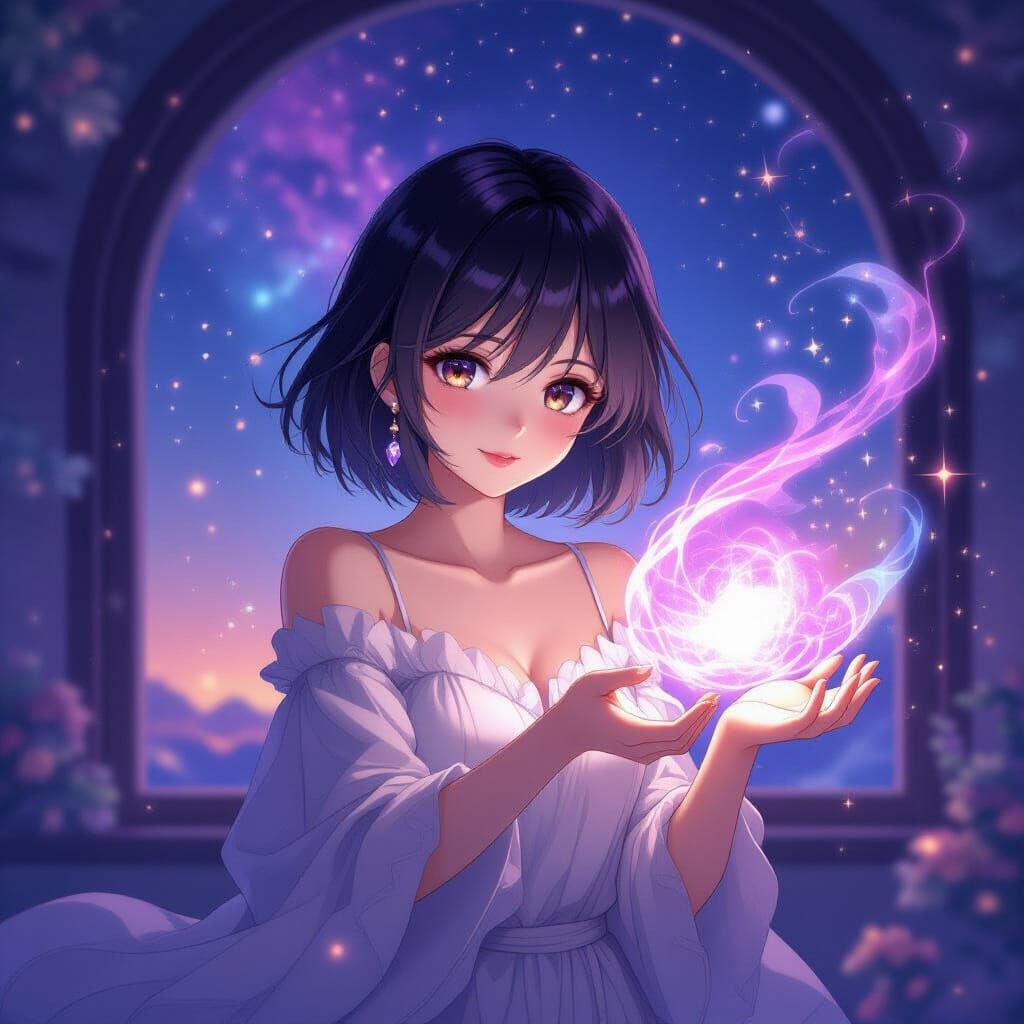 Anime Woman Conjures Dreams in Cosmic Studio