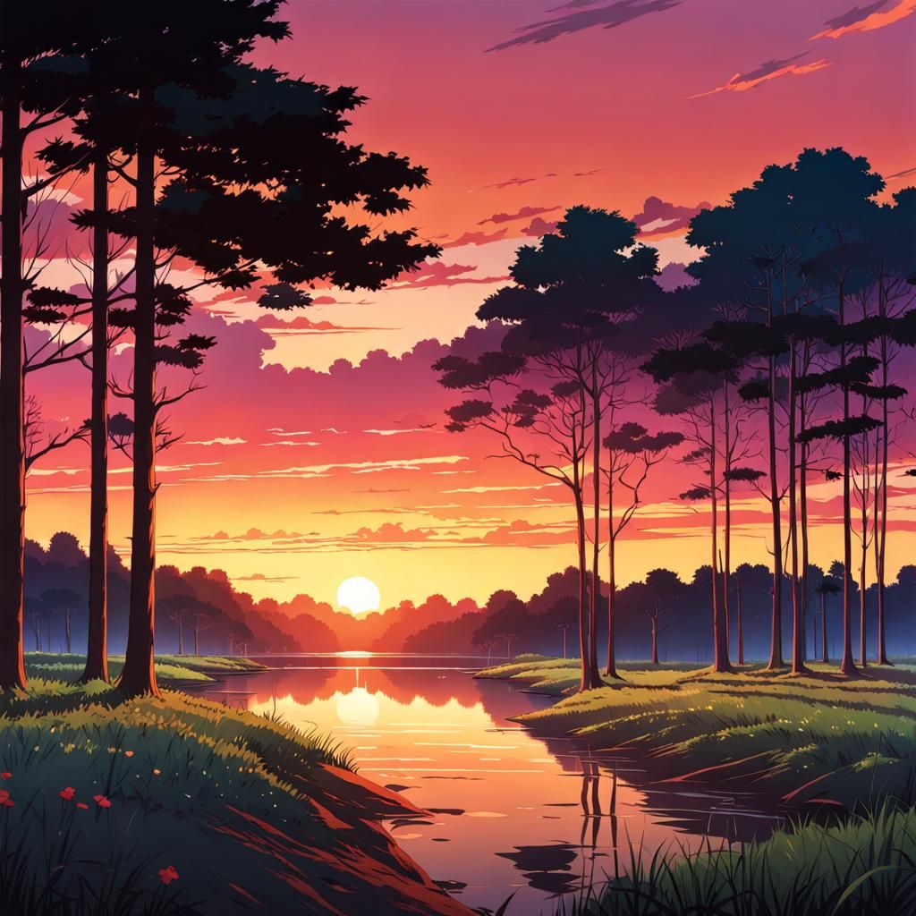 Anime Sunset Over Forest in Makoto Shinkai Style