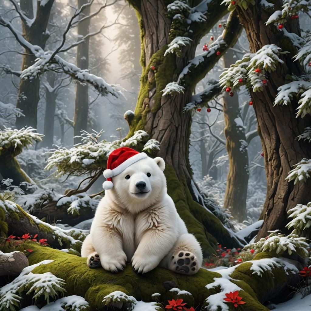 Fluffy Polar Bear Cub in Santa Hat, Fantasy Art