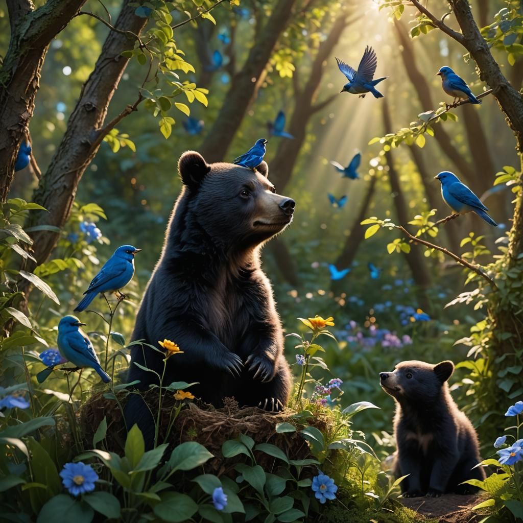 Cute Black Bear with Bluebird in Enchanted Garden
