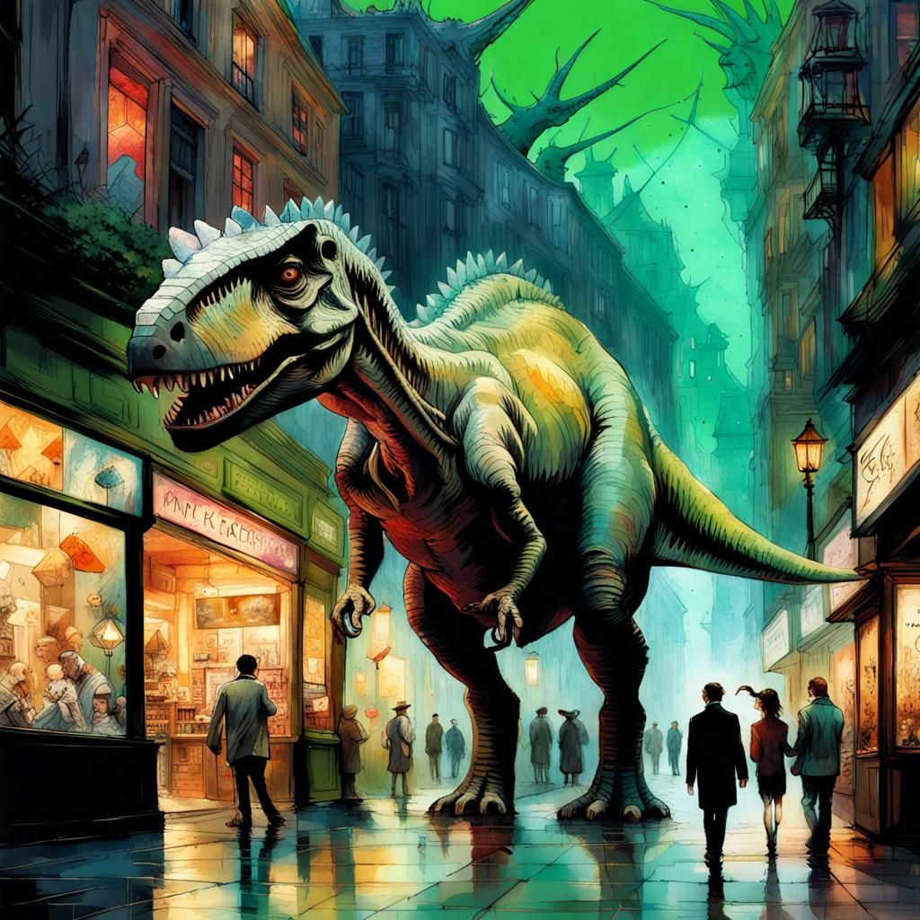 Dino Park Visitors in Dark Fantasy Collage Art