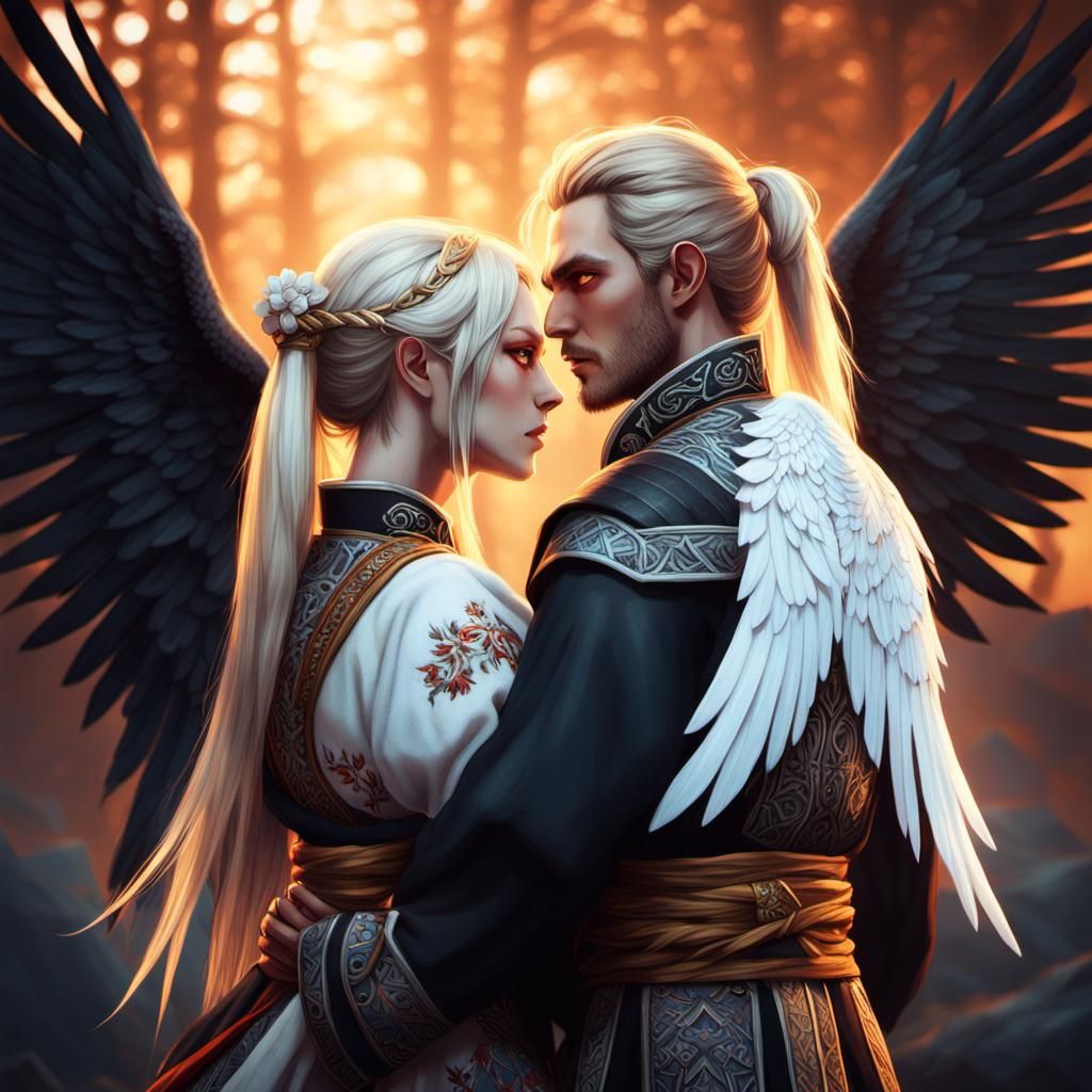 Norwegian Fantasy Couple with Black Wings in 3D Anime Style