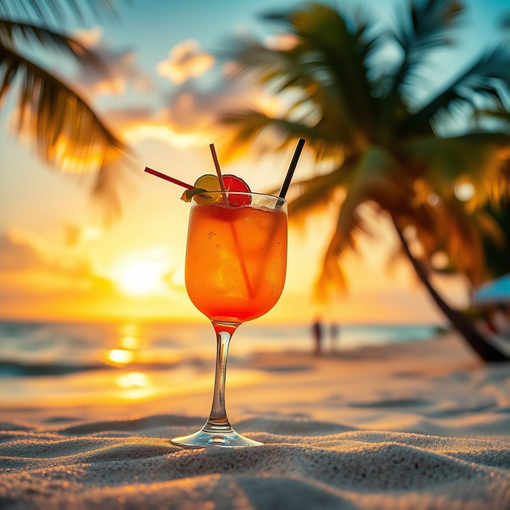 Tropical Beachside Sunset with Vibrant Cocktail