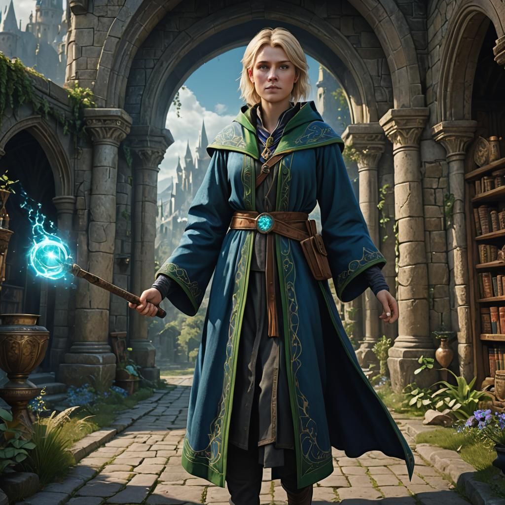 Human female water wizard. Short blonde  hair, blue eyes. Blue wizard robes with green trim.