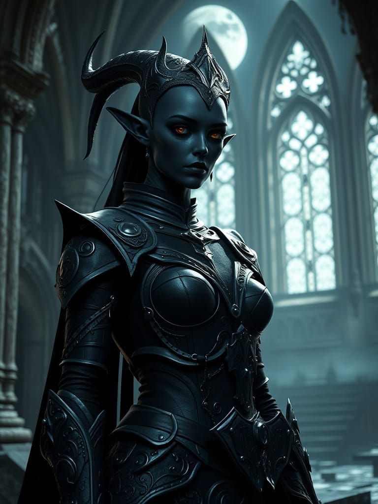 Female drow elf with skin of a matte black so dark it seems to be a shadow of itself. Masterpiece award-winning epic 8K ...