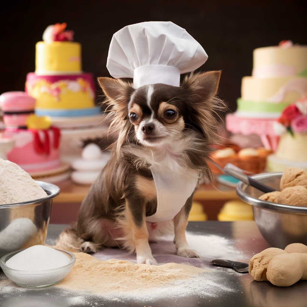 Chihuahua Chef in Bakery with Baking Ingredients