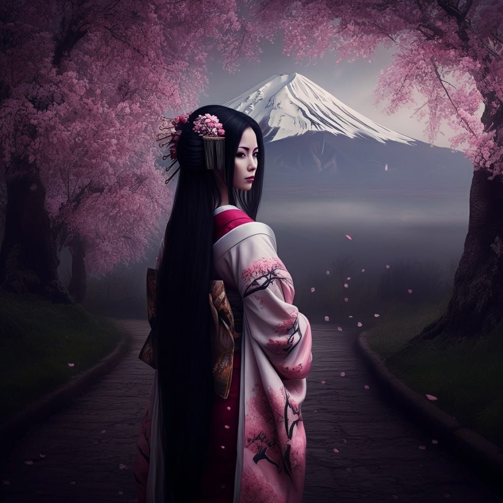 Serene Goddess of Mount Fuji in Cherry Blossom Kimono