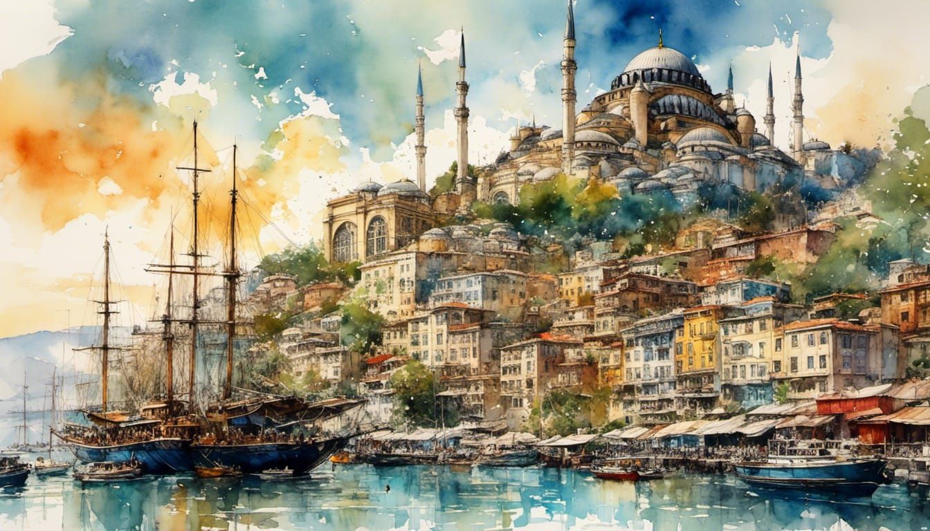Bosphorus Istanbul: Watercolor Painting in Vibrant Colors