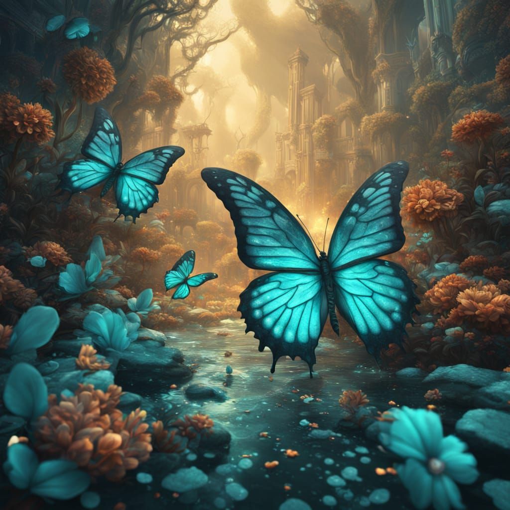 Surreal Teal Butterfly in Vibrant Fantasy Landscape