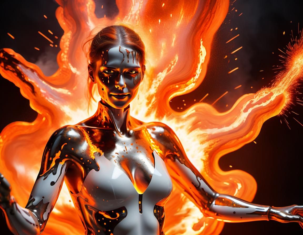 Android Woman Presents Molten Metal Art Portrait