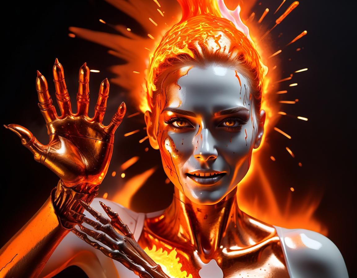 Android Woman Presents Molten Metal Art Portrait
