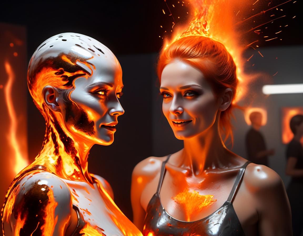 Android Woman Presents Molten Metal Portrait