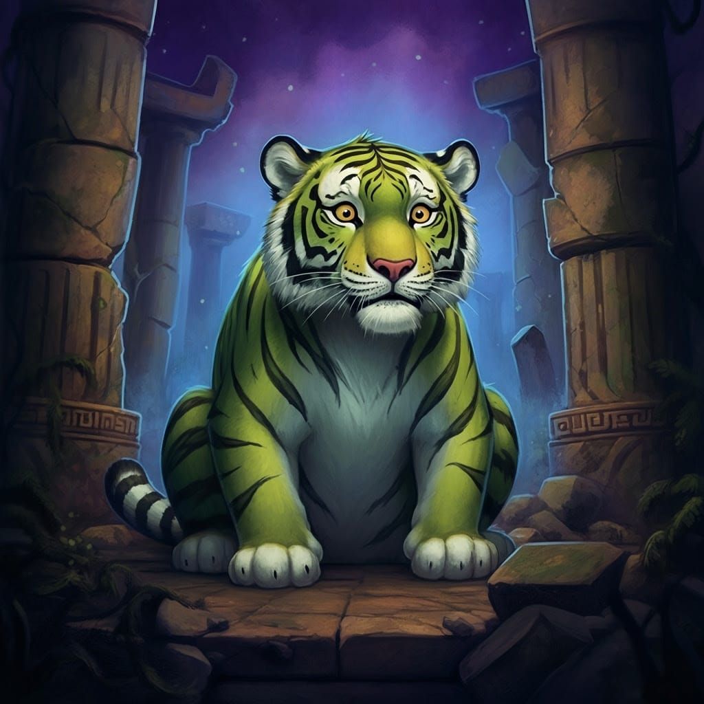 Eternian Tiger Amidst Ancient Ruins in a Fantastical Dreamwo...