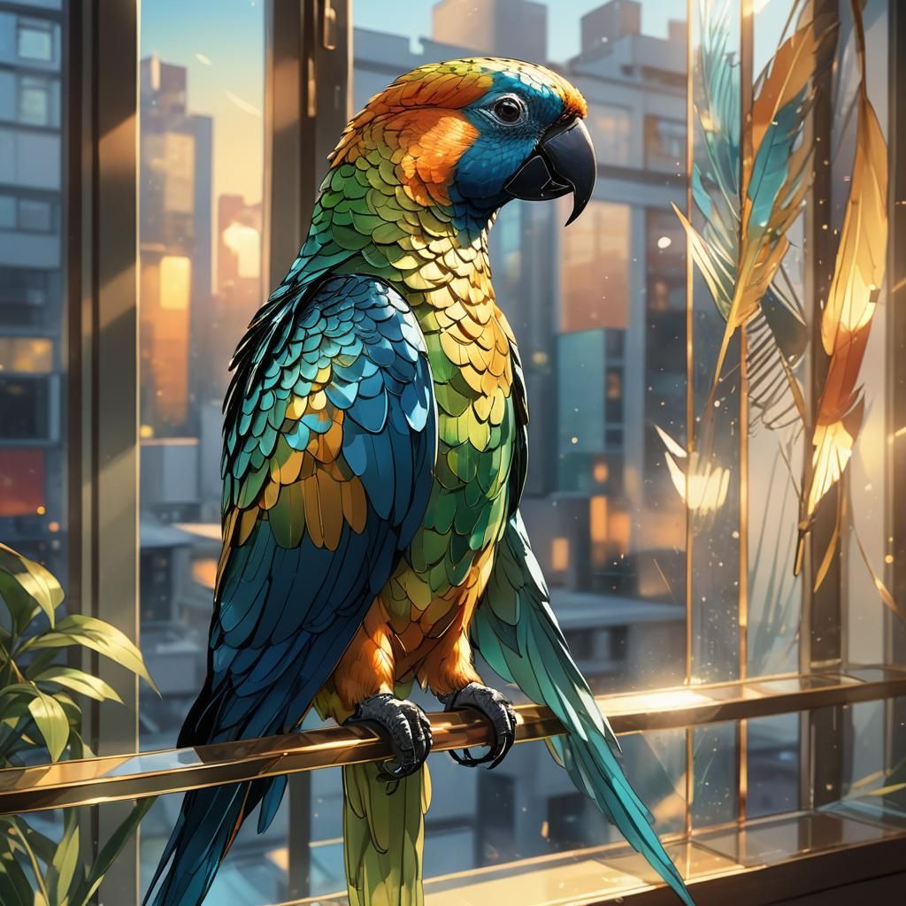 Iridescent Glass Parrot in Cel-Shaded Anime Style