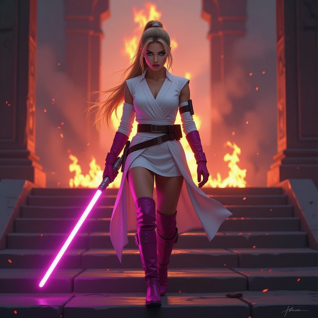 Female Jedi Knight with Purple Lightsaber in Burning Temple
