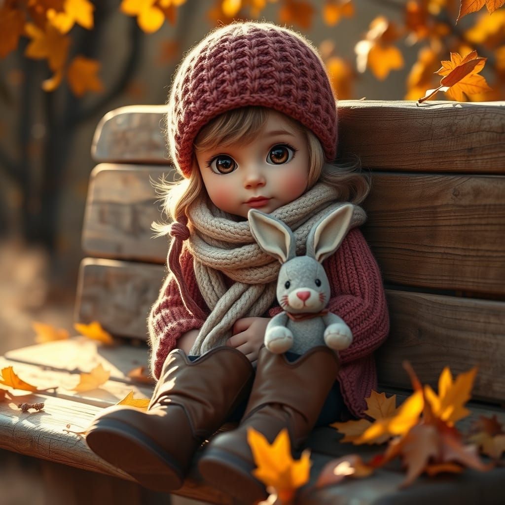Girl in Autumn Leaves with Bunny Companion, in Cozy Hyper-Re...