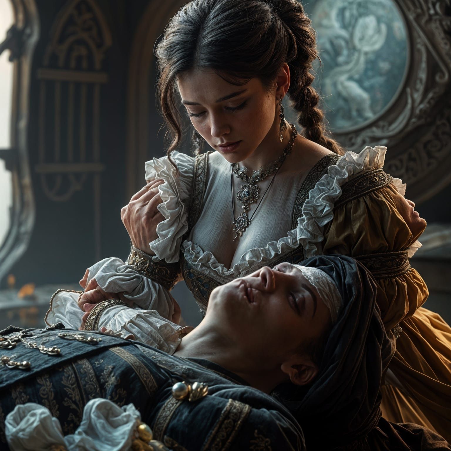 18th Century Woman Mourns Fallen Man, Detailed Matte Paintin...