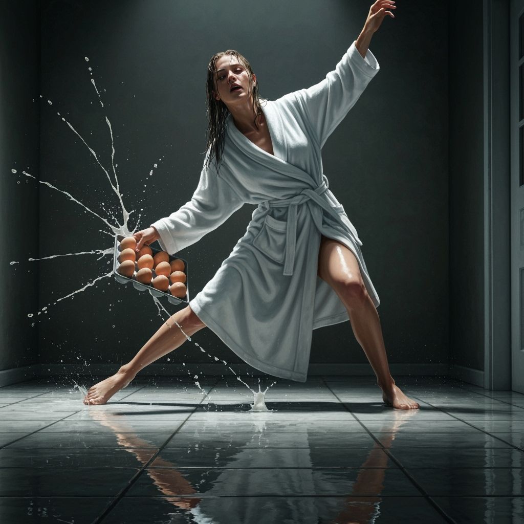 Woman Slipping with Falling Eggs in Dramatic Lighting