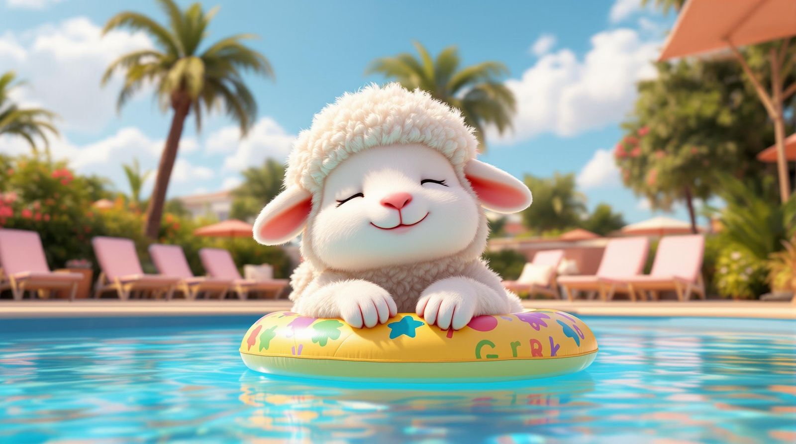 Happy CGI Sheep Portrait in a Sunny Pool