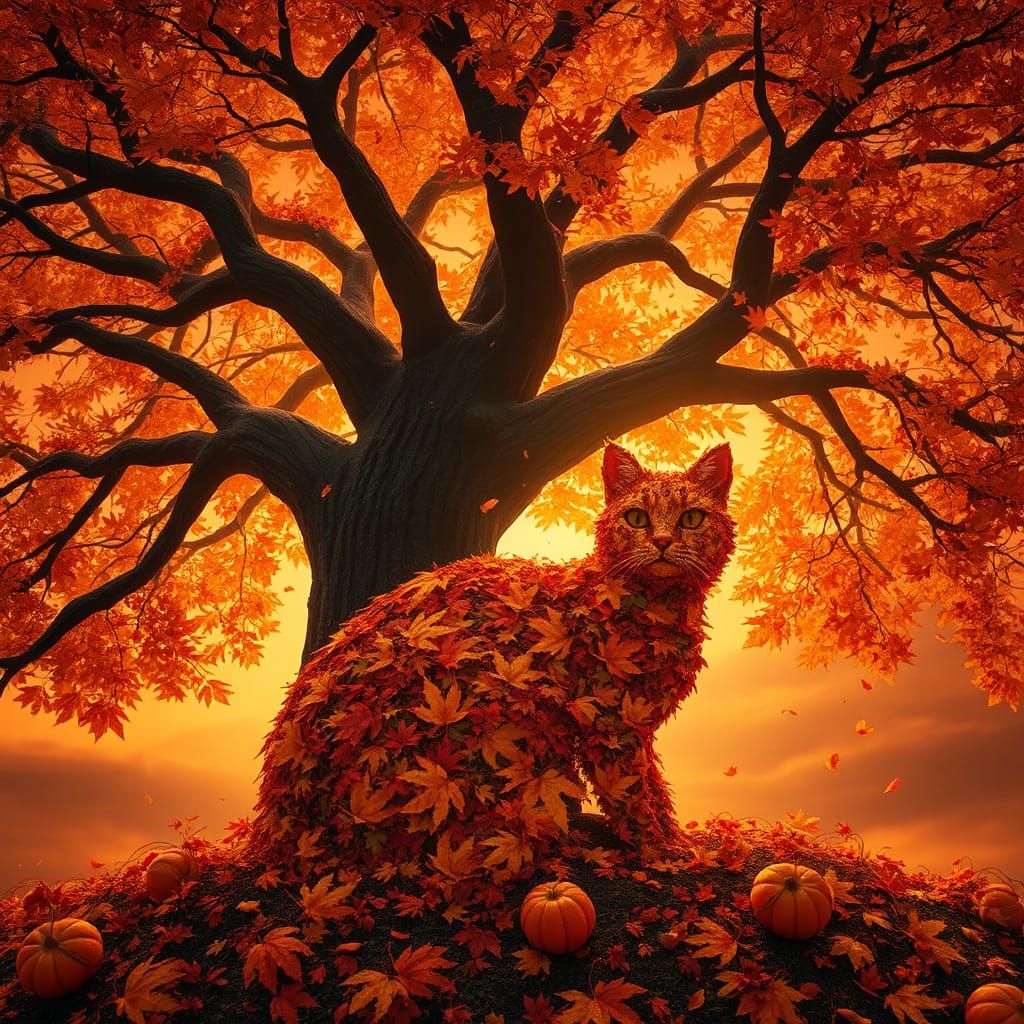 Autumnal Cat Mosaic Under Maple Tree Canopy