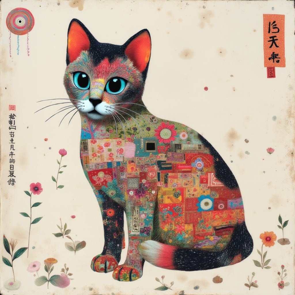 Toy Cat Crafted from Faded Kimono Silk with Sashiko Stitchin...