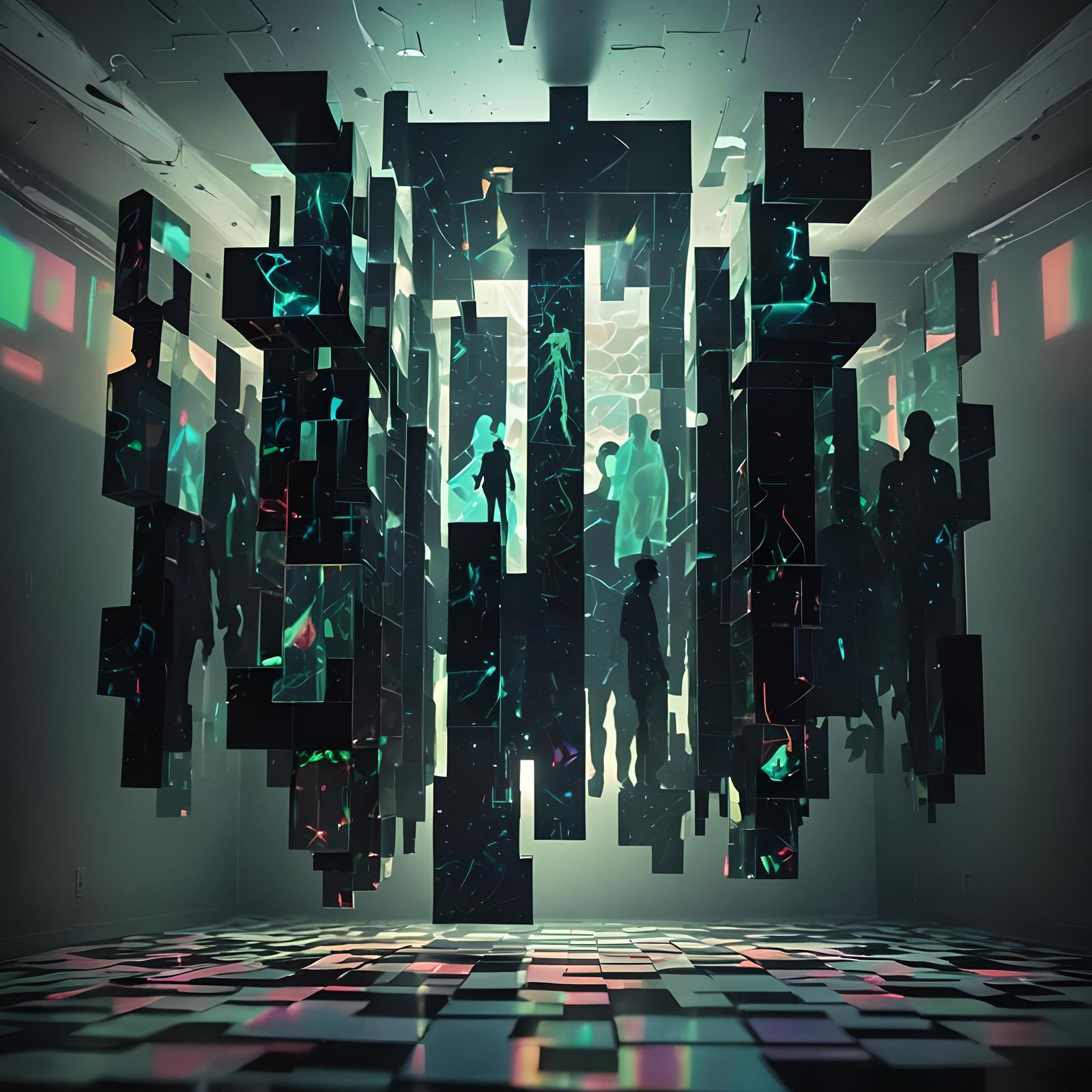 Geometric Abstract Art with Neon Silhouettes