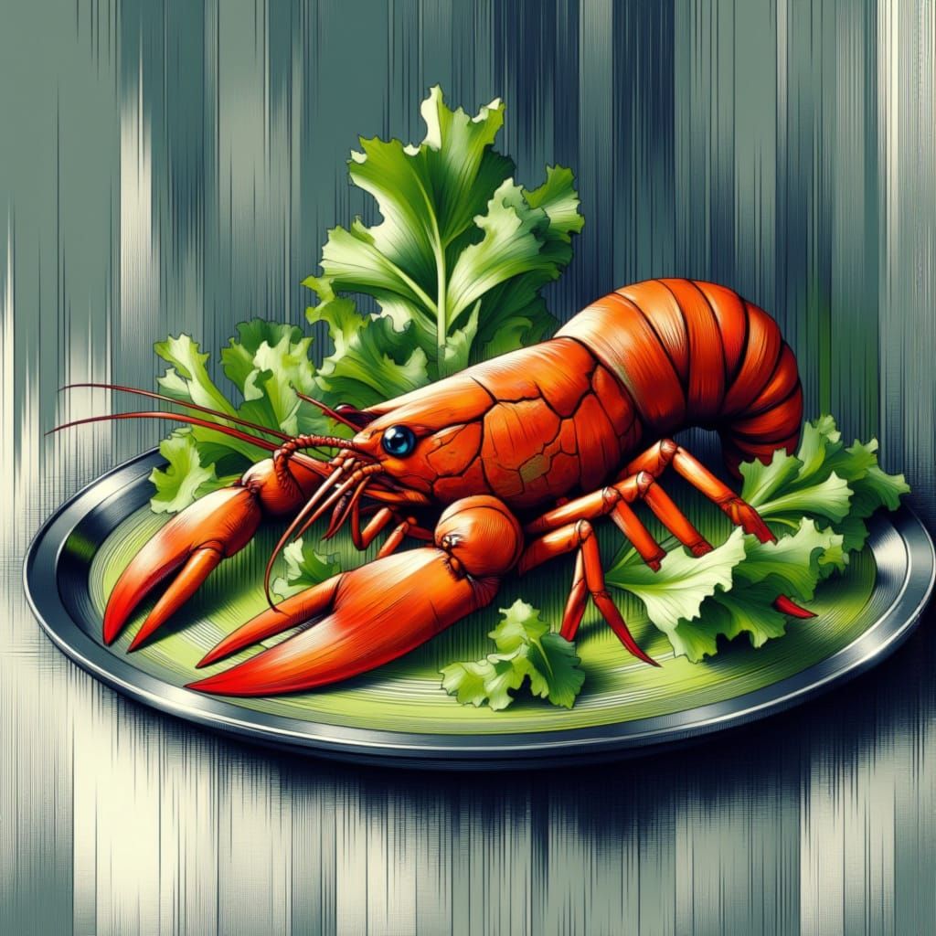 Expressive Digital Still Life with Boiled Crayfish and Lettu...