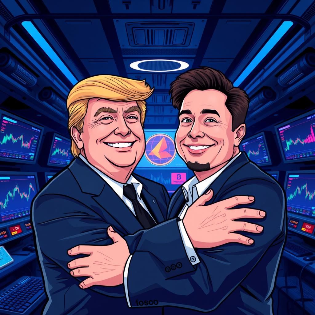 Trump and Musk Embrace in Retro Pop Art Style