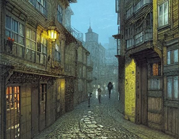 Portuguese Port City Alleyway, Detailed Painting