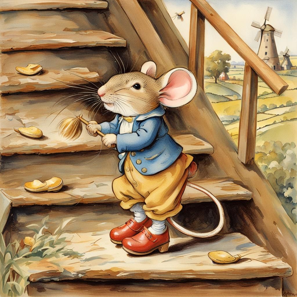 Mouse Dances in Clogs at Windmill, Beatrix Potter Style
