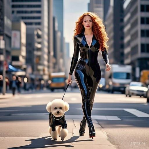 Surreal Red-Haired Woman Walks City Streets with Dog in Late...