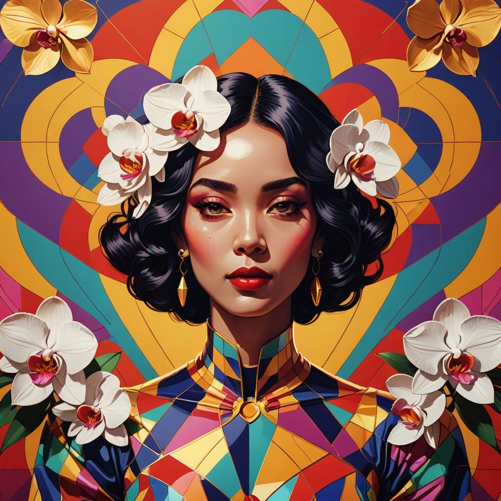 Pop Art Lady with Orchids and Hearts