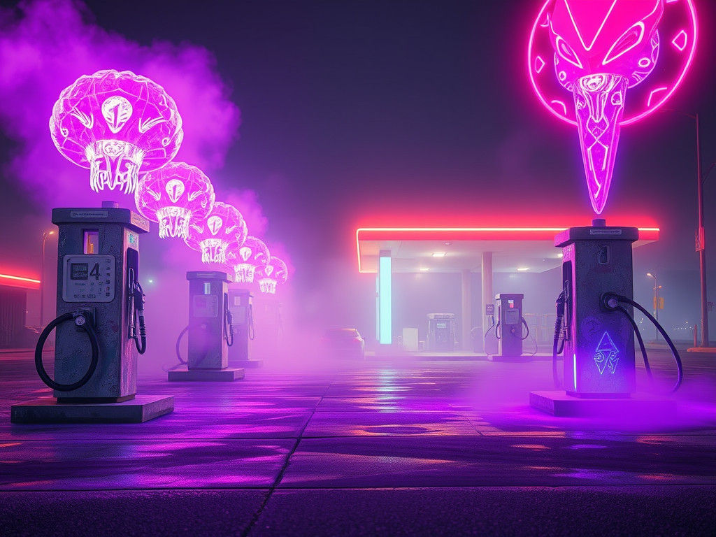 Neon-lit Alien Gas Station at Midnight in Cyberpunk Style