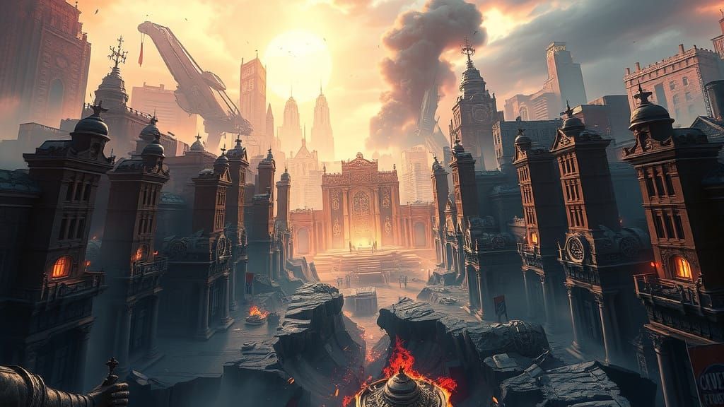 Apocalyptic City Destruction with Glowing Altar in Dark Fant...