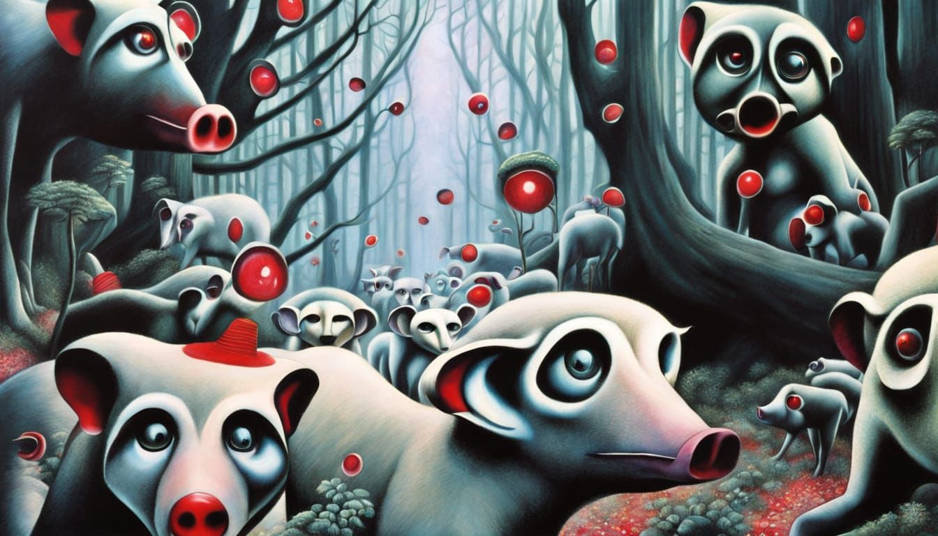 Monkeys Pigs Explore Mystical Forest With Ethereal Glow
